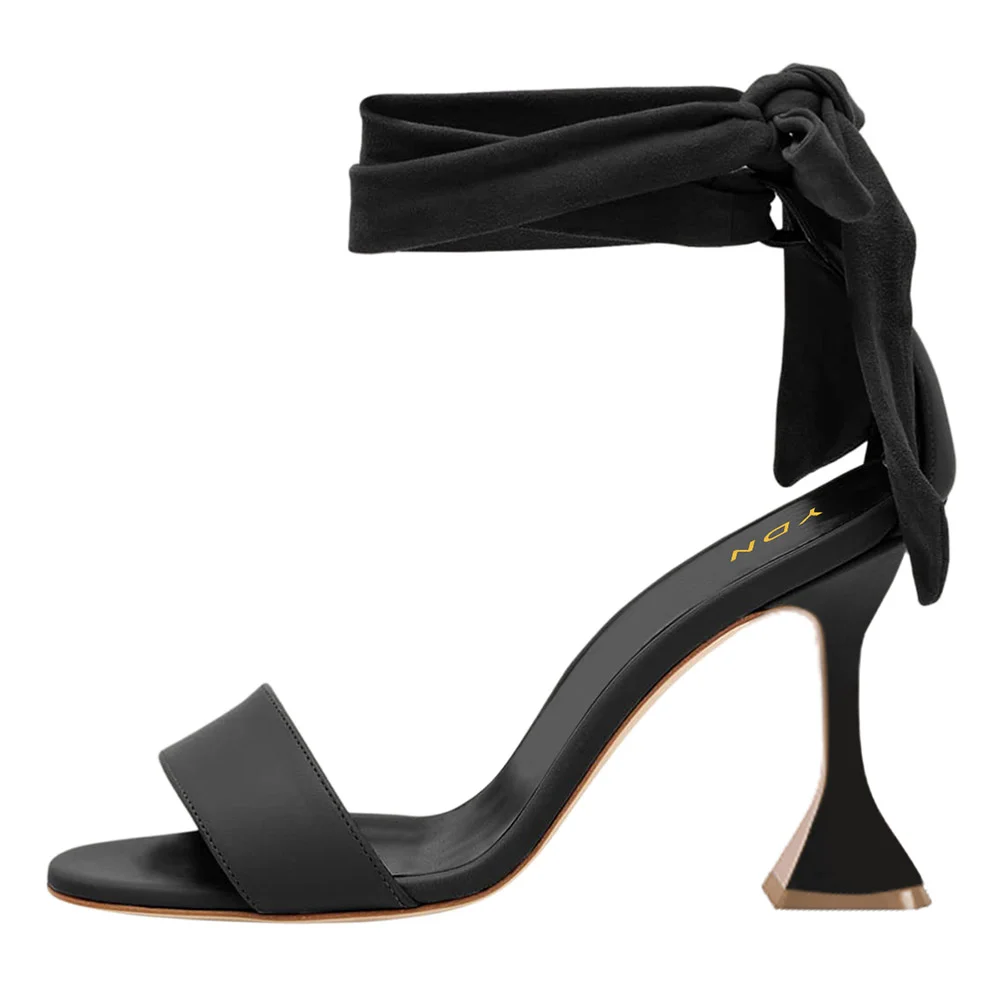 Vegan Leather Open Round Toe Black Heels Sandals with Ankle Strap