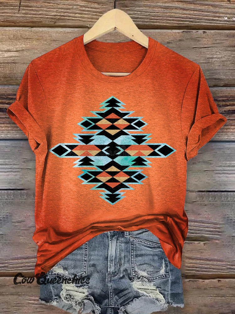 Vintage Aztec Art Print Casaul Short Sleeve T-shirt Multicolor / S