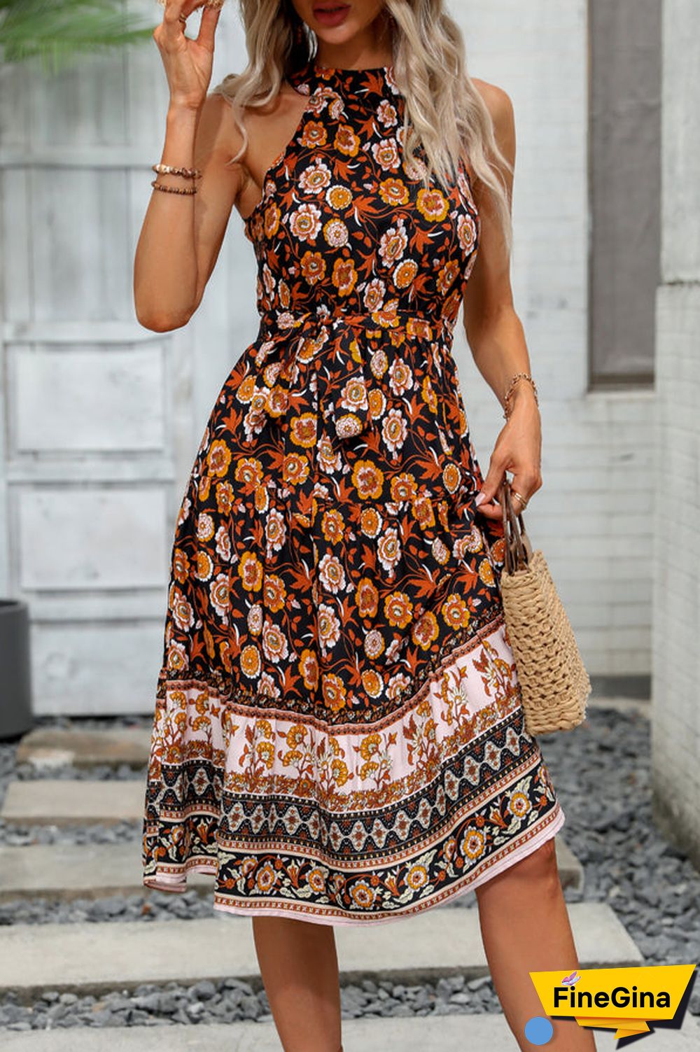 Halter Neck Tie Waist Floral Print Casual Dress