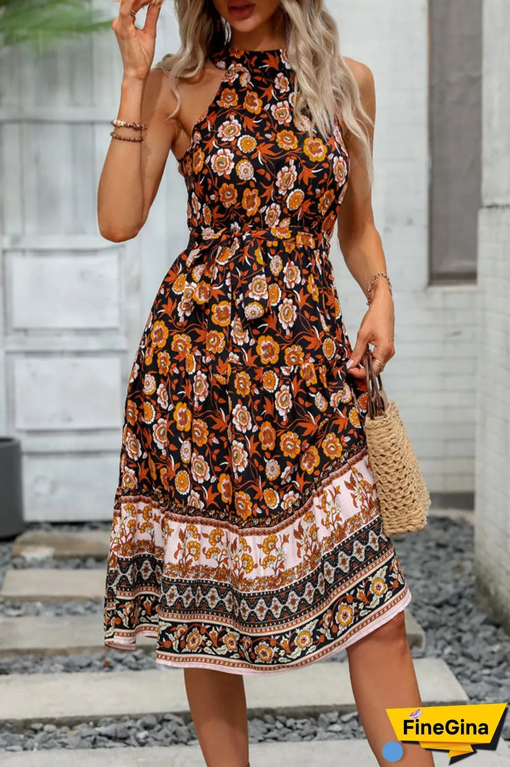 Halter Neck Tie Waist Floral Print Casual Dress