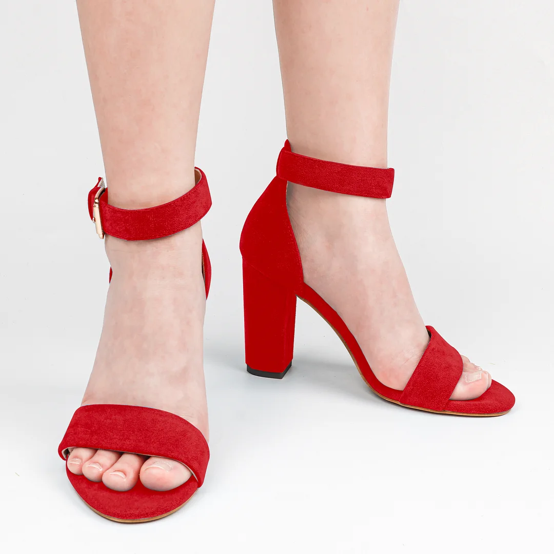 90mm Women's Ankle Strap Pumps Block Heel Open Toe Suede Sandals Summer Shoes-MERUMOTE