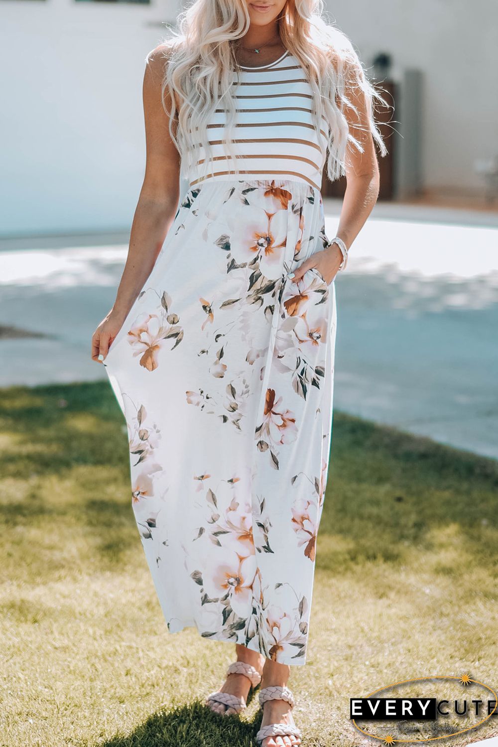 White Striped Floral Print Sleeveless Maxi Dress with Pocket