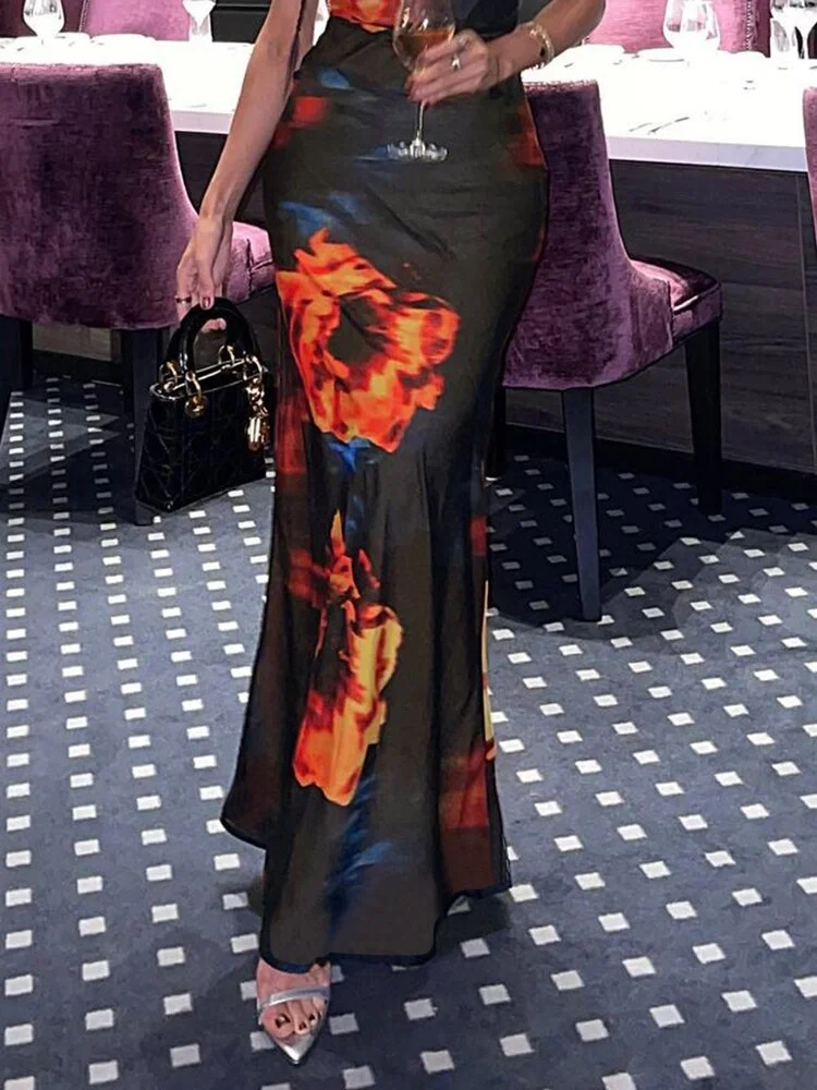 WannaThis Women Vintage Dress Fire Print Backless Elegant Sleeveless Lace Up Summer 2021 Streetwear Party Female Midi Cami Dress