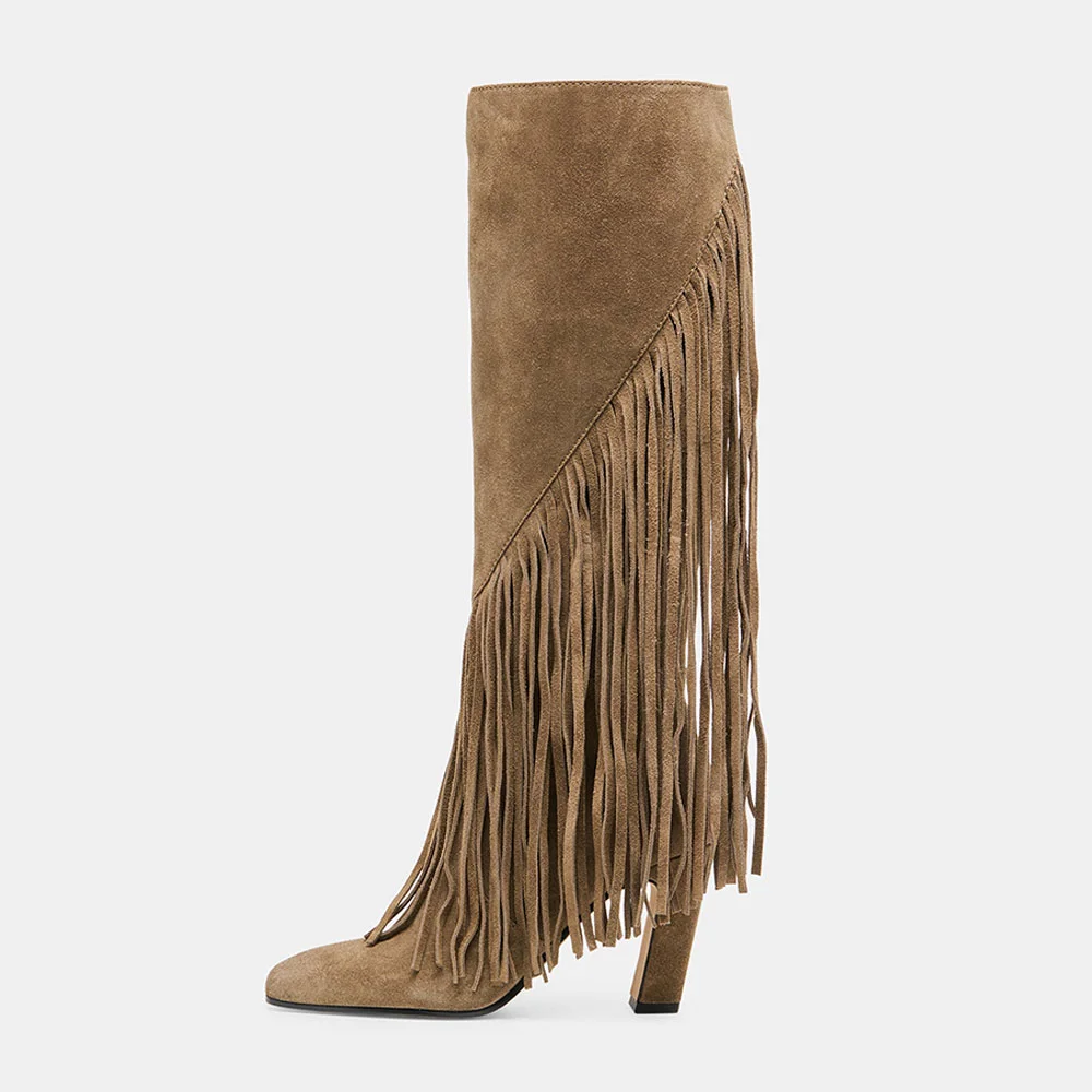 Olive Vegan Suede Square Toe Fringe Side Zipper Tall Boots for Women