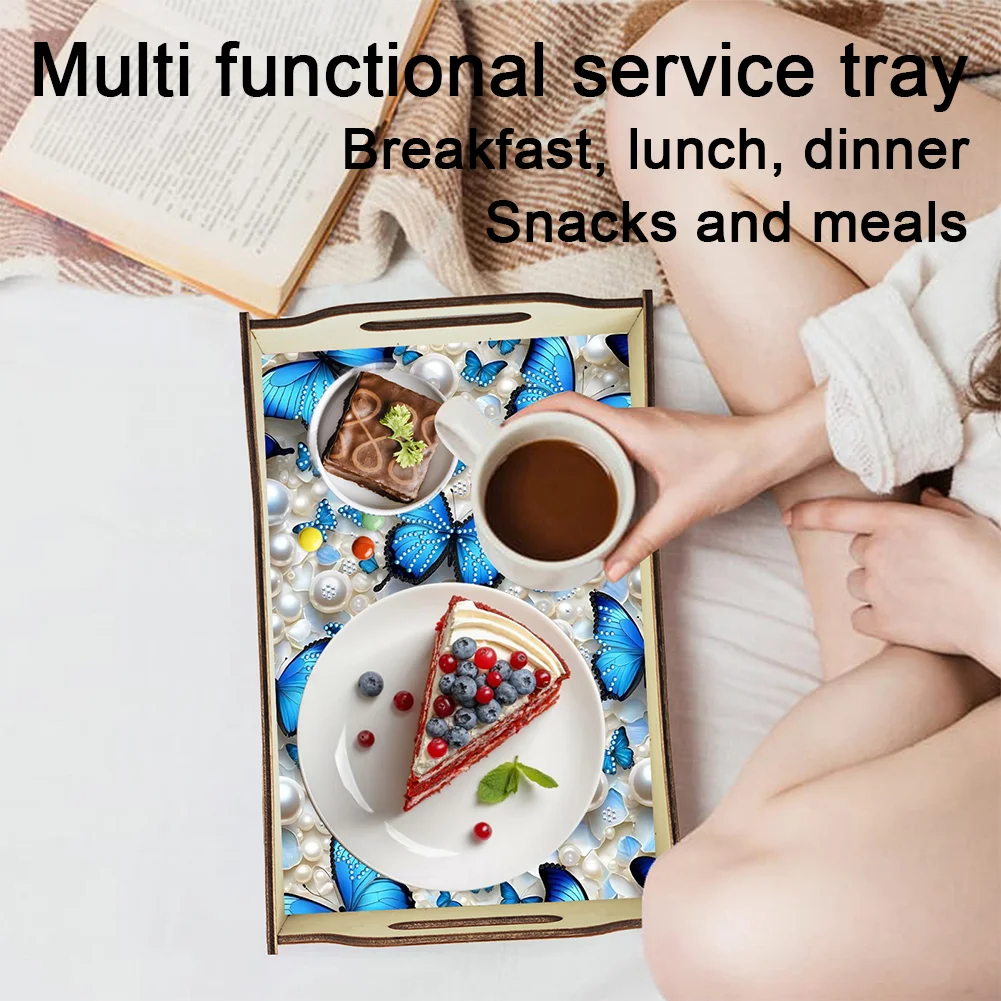 5D DIY Butterfly Diamond Painting Wooden Serving Tray with Handle for Home Decor