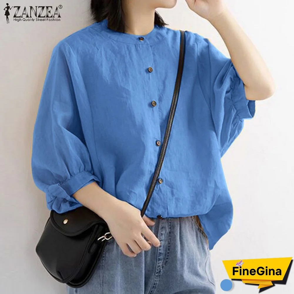ZANZEA Cotton Tops Spring Autumn Shirt 3/4 Sleeve Single Breasted Button Shirt Blouse Vintage Clothes
