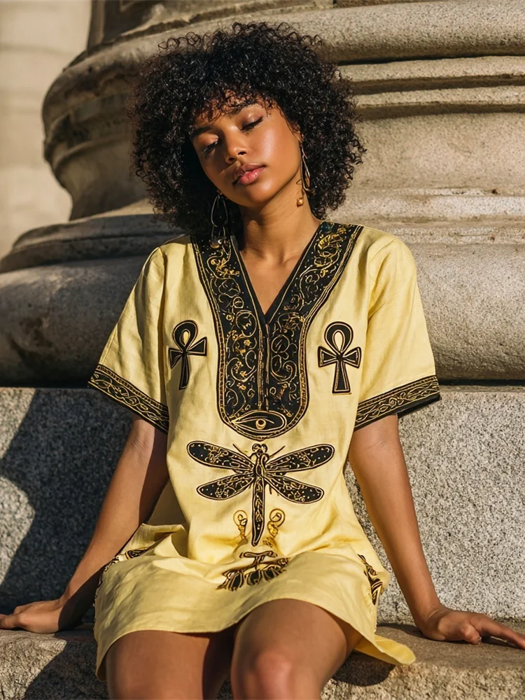 Vintage Egyptian Ankh & Dragonfly Pattern Women's Linen V-neck Mini Dress