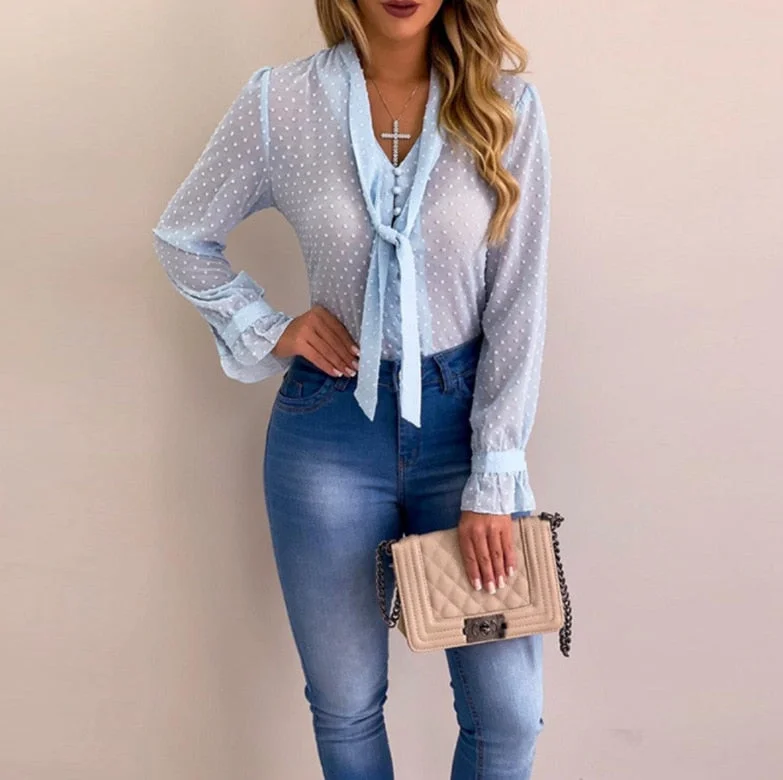 Elegant Chiffon Blouses Long Sleeve V-Neck New Fashion Women Shirt Office Blouse Slim Casual Female Polka Dot Top plus size