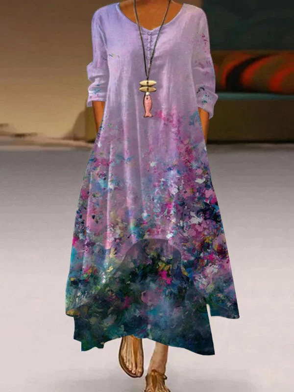 Women Half Sleeve V-neck Floral Printed Maxi Dress