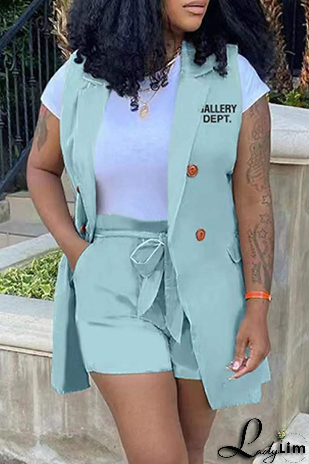 Pink Casual Letter Print Cardigan Turndown Collar Sleeveless Two Pieces (Without T-shirt)