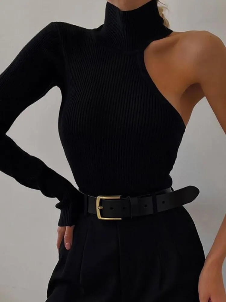 Tossy Black Turtleneck Bodysuit Women Sexy One Shoulder Long Sleeve Body Top Female Bodycon Overalls Elegant Backless Jumpsuits
