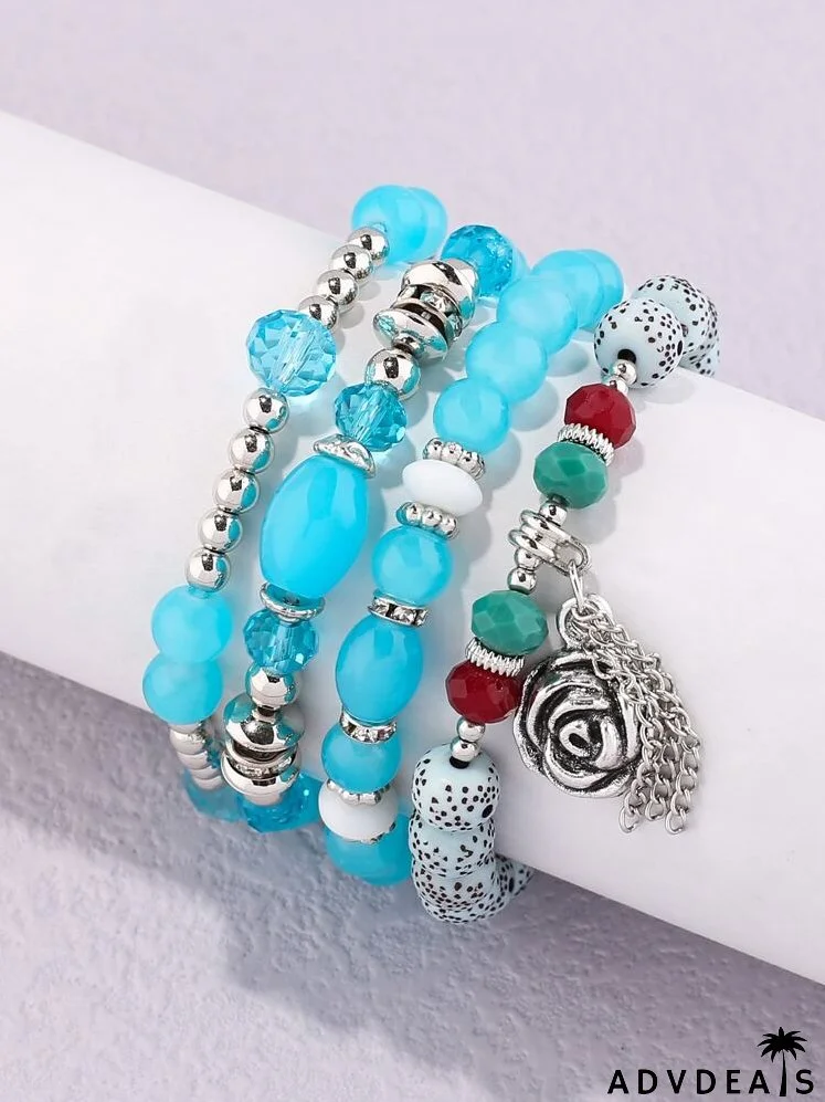 4pcs Flower Charm Beaded Bracelet