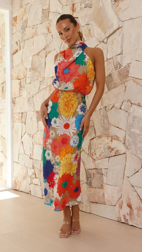 Brownm Brownm Years Holiday Style Fashion Print Hanging Neck Sleeveless Waist Dress-23117-1