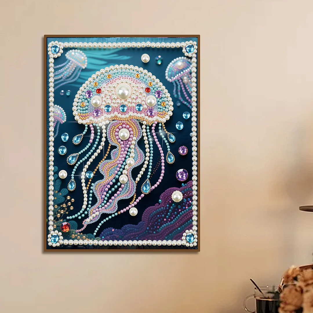 White Jellyfish DIY Partial Diamond Pearl Painting Art Kits 30x40cm Special Shape Pearl Gem Paintings Picture Arts Craft for Adults Beginners Home Wall Decor