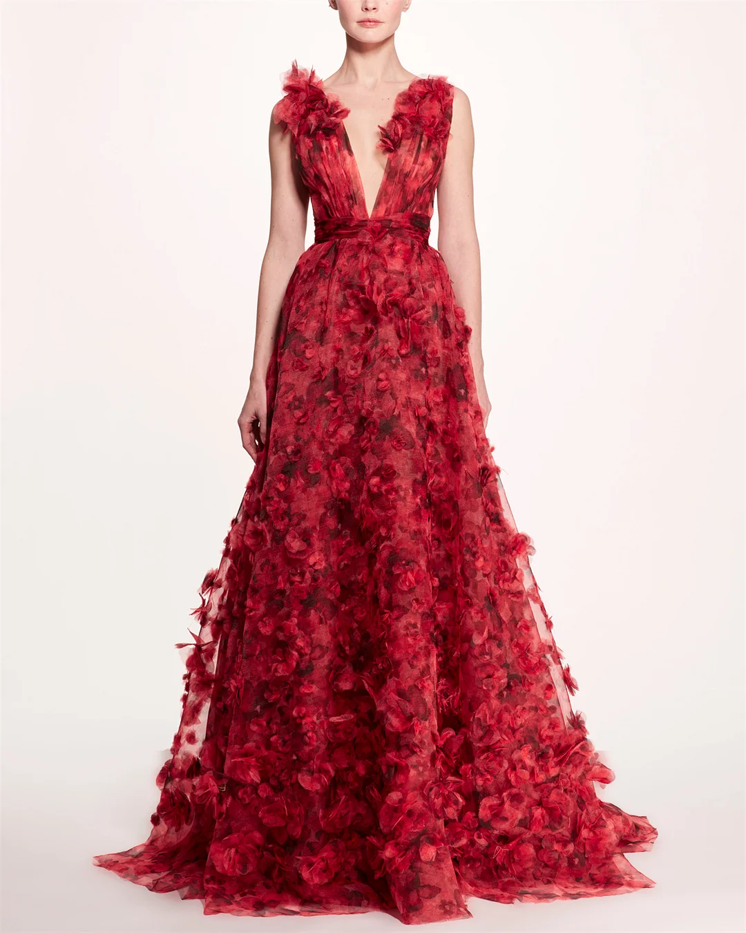 Women's Red V-neck Sleeveless Embroidered Dress