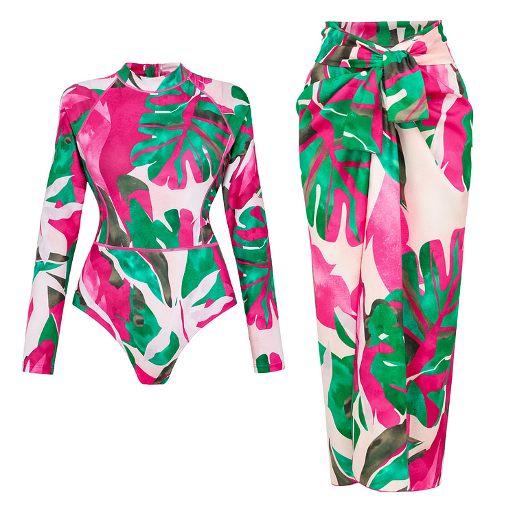Abstract Rose Red Contrast Print Long sleeve  One Piece Swimsuit and Skirt