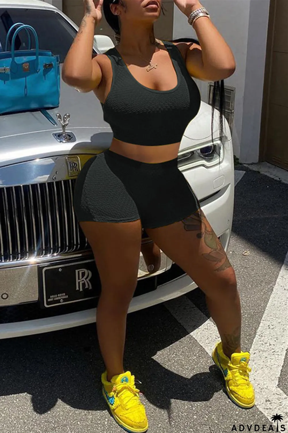 Yellow Fashion Casual Solid Basic U Neck Sleeveless Two Pieces