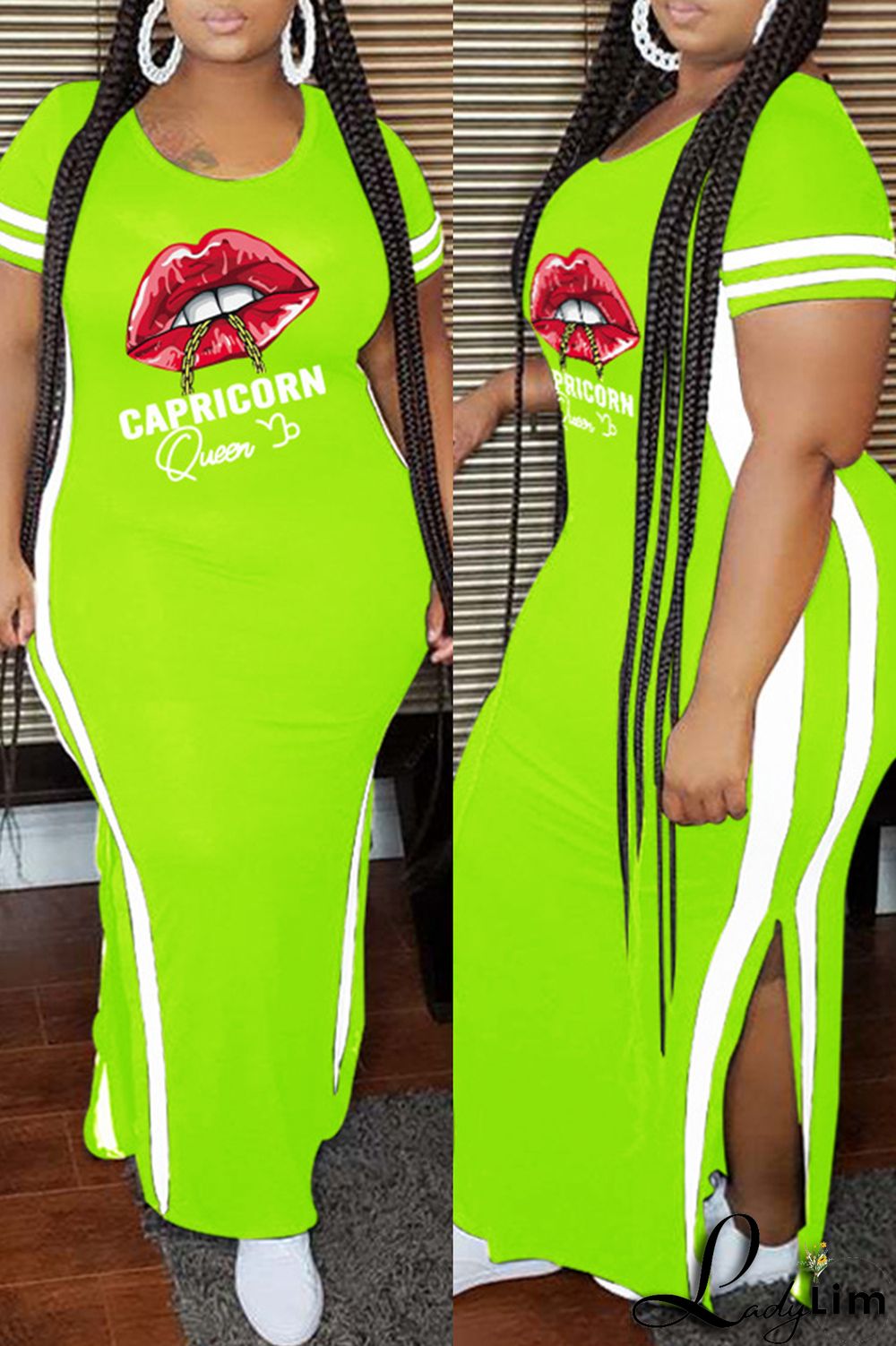 Pink Fashion Casual Plus Size Lips Printed Split Joint Slit O Neck Short Sleeve Dress