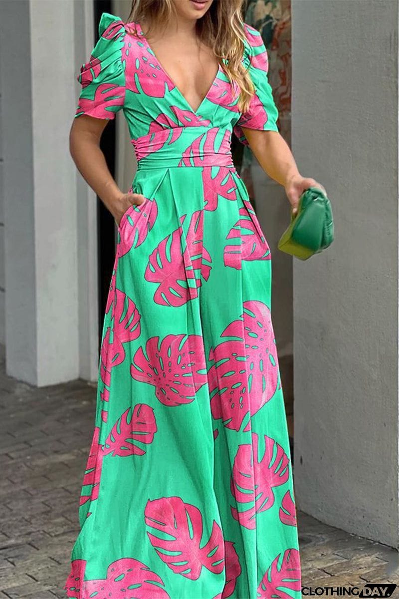 Casual Street Print V Neck Loose Jumpsuits