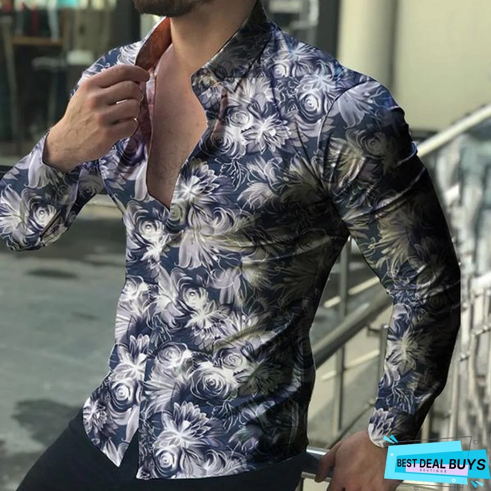 Men Casual Fashion Printed Long Sleeve Turndown Collar Shirts