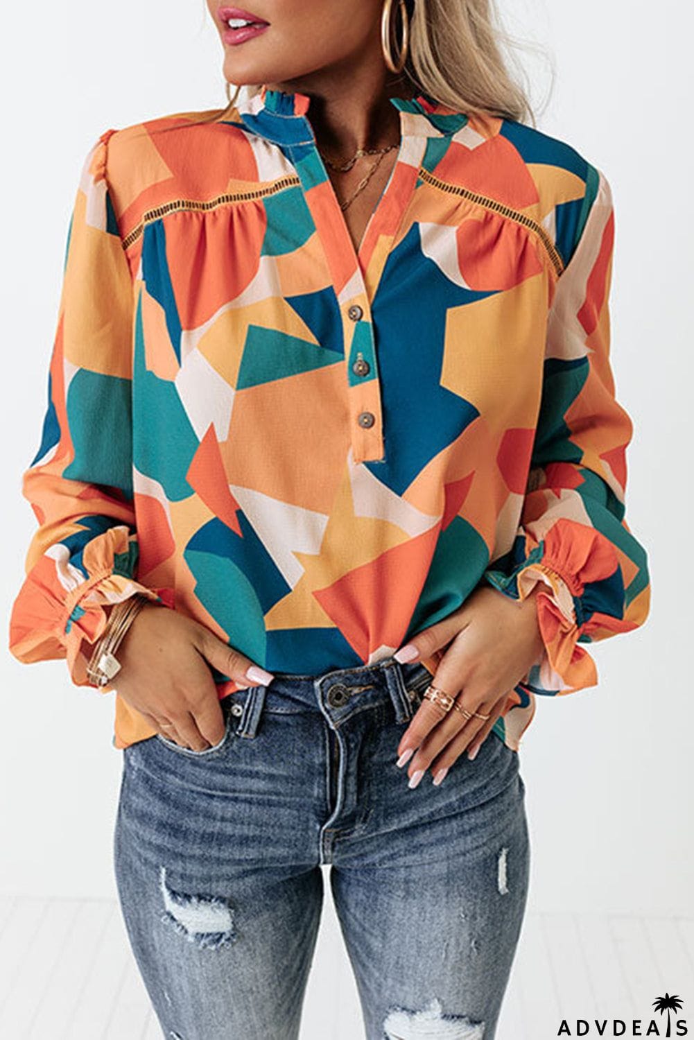 Geometric Patchwork Print Half Buttoned Blouse