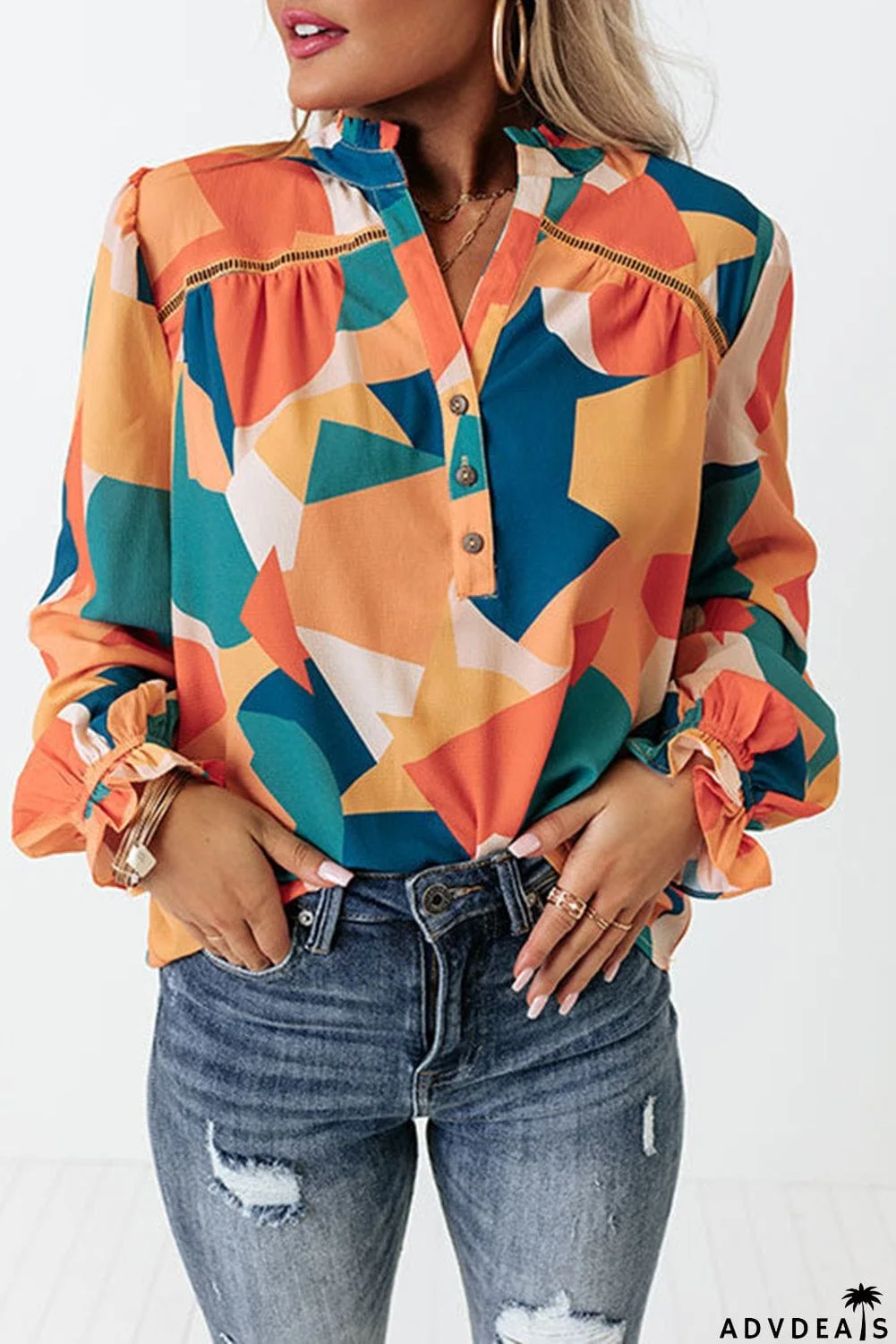 Geometric Patchwork Print Half Buttoned Blouse