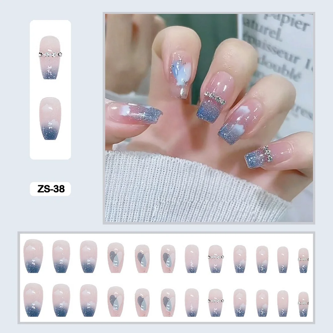 24pcs Blue Starry Sky Romantic Graffiti Nail Art With Artificial Diamond Fake Nails With Glue Fake Nails Long With Wearing Tools-Nail Inspo