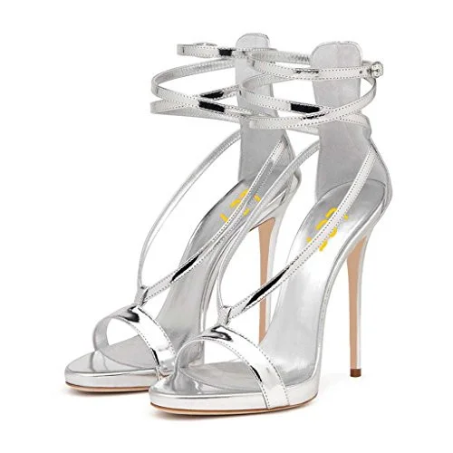 Silver Metallic Heels Open Toe Stiletto Heel Strappy Sandals by FSJ |FSJ Shoes