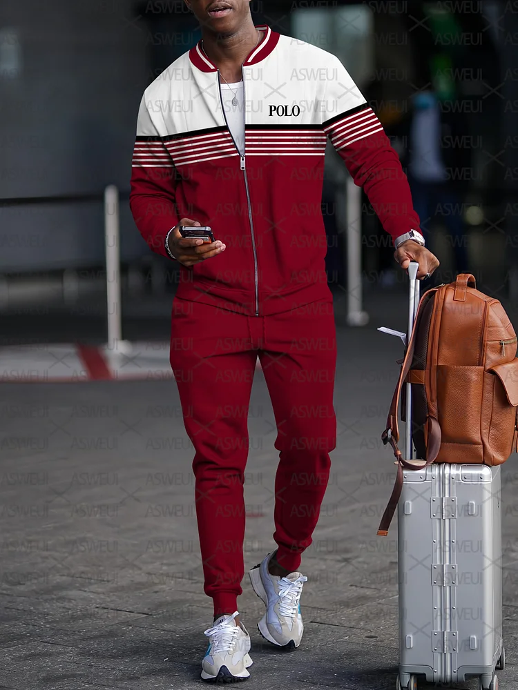 Men's fashion casual geometric print zipper jacket set