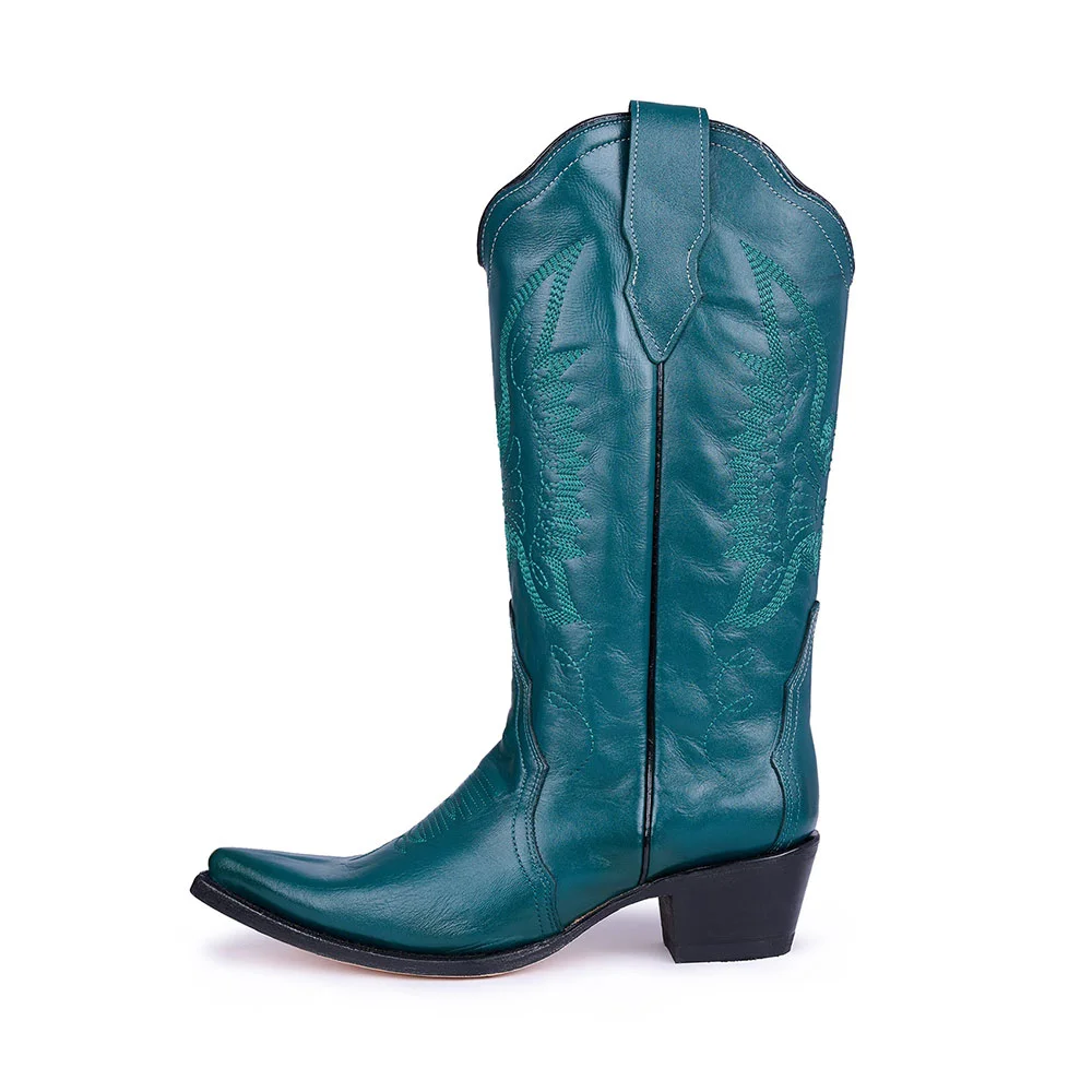 Teal Chunky Heel Pointed Toe Cowgirl Boots with Eagle Embroidery