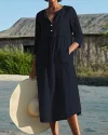 Half Sleeve V Neck Button Midi Dress 3/4 Sleeve A-line And Flare Long Dress