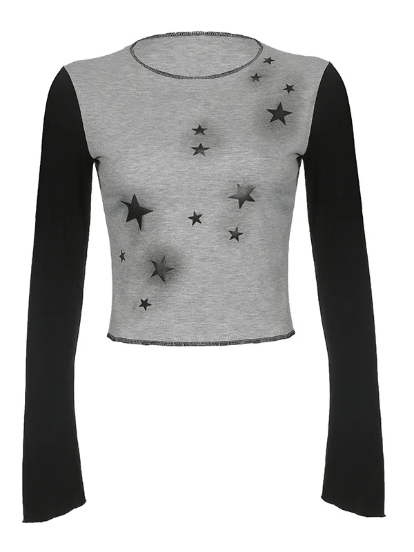 Star Graphic Printed Color Block Stitching Crop Sweatshirt