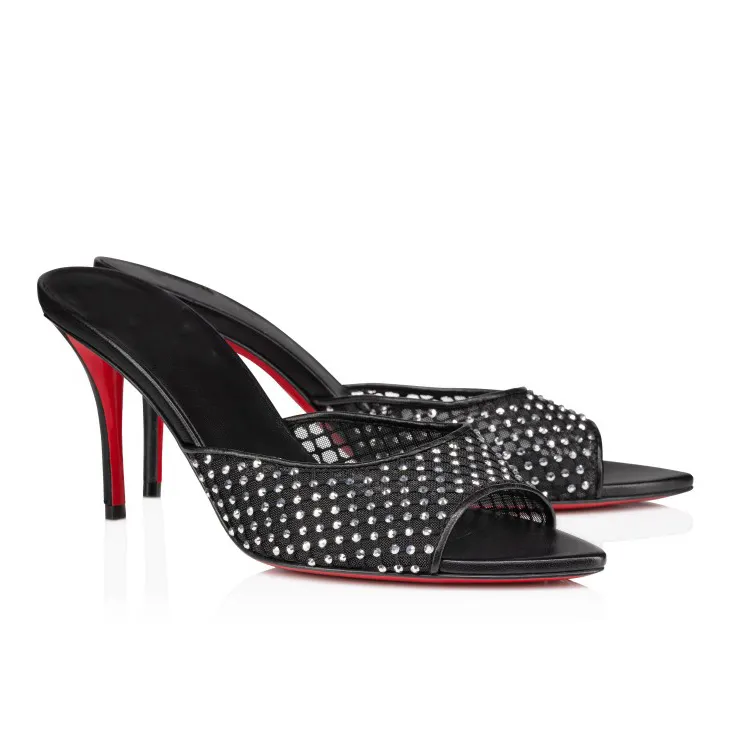 100mm Women's Sandals Pointed Toe Diamonds Mules Red Bottom Heels Slip on Stilettos-vocosishoes