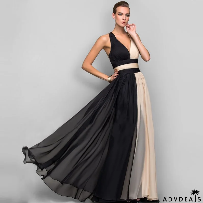 Women's Chiffon Contrast Sleeveless V-Neck Patchwork Long Evening Dress