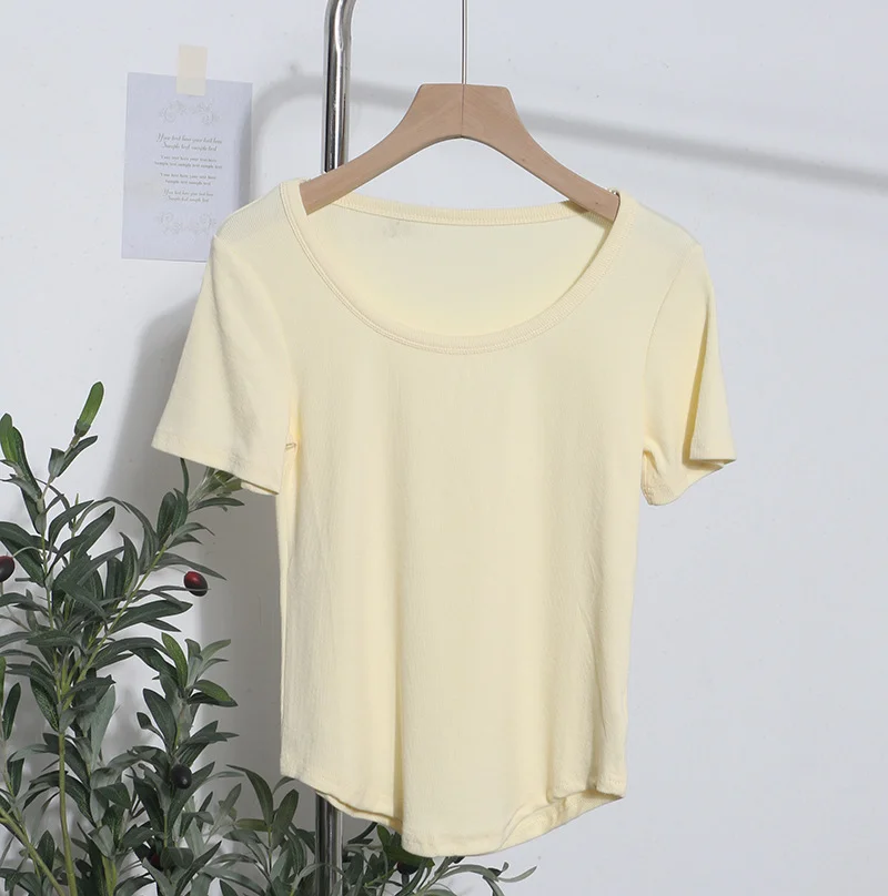 Breakj Solid Color Irregular U-Neck Short-Sleeved T-Shirt Woman Xia Slimming Leisure Short Coat 1809