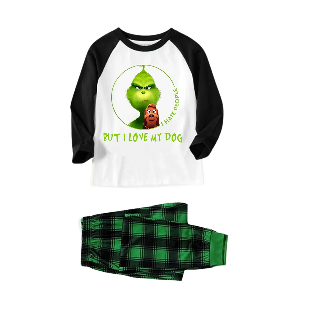 Cartoon Pattern and "I Hate People, But I Love My Dog" Printed Green and Black Plaid Christmas Family Pajamas