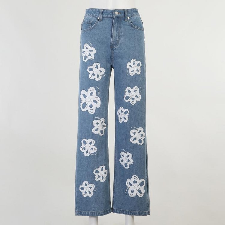 Flowers Print High Waist Straight Denim Pants