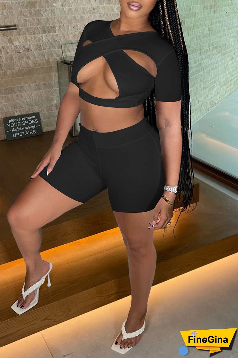 White Sexy Solid Hollowed Out Patchwork V Neck Short Sleeve Two Pieces