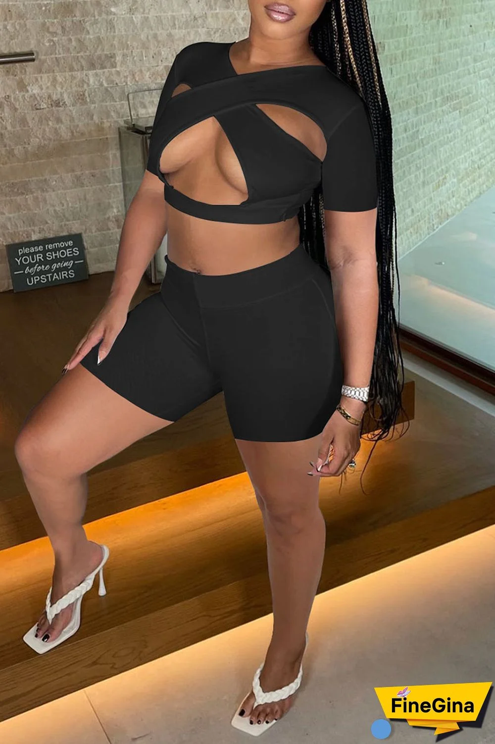 White Sexy Solid Hollowed Out Patchwork V Neck Short Sleeve Two Pieces