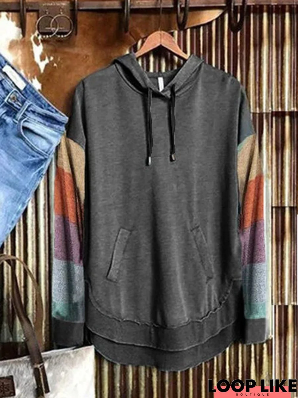 Deep Gray Long Sleeve Striped Casual Sweatshirt