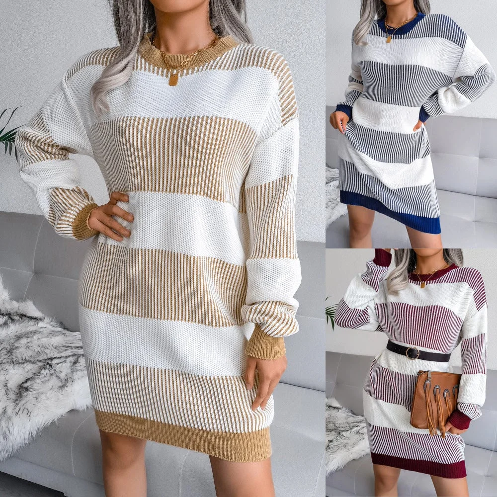 Women's Loose Striped Sweater Dress Knitted Dress