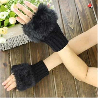CUHAKCI Half Finger Woolen Winter Gloves Women Knitted Warm Mittens Long Imitation Rabbit Hair Lovely Fur Patchwork