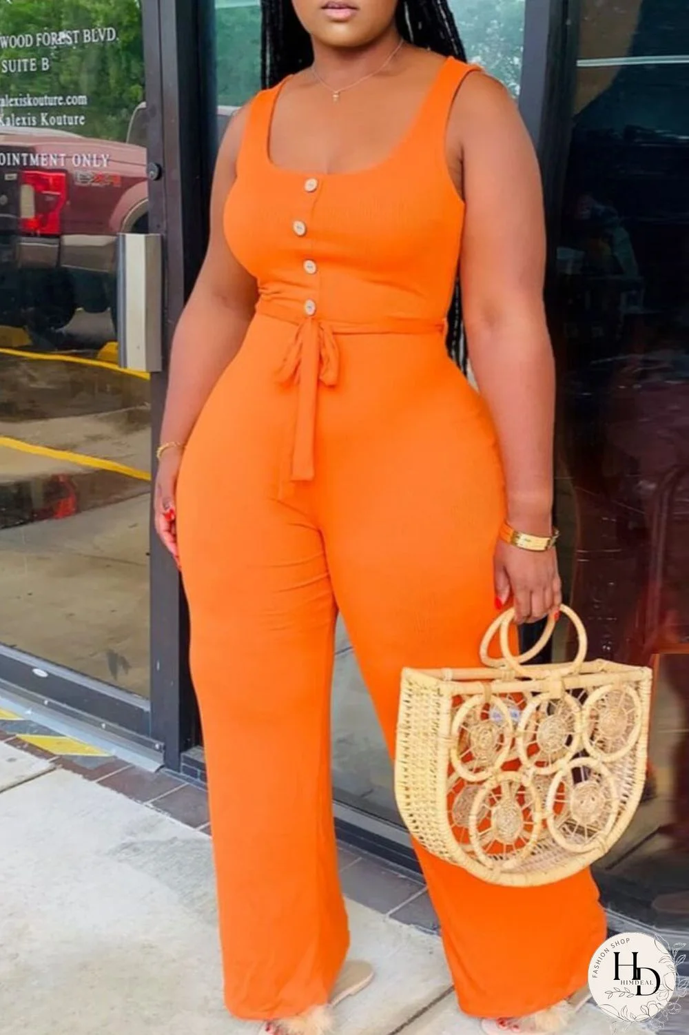 Orange Fashion Casual Solid Basic U Neck Plus Size Sleeveless Jumpsuits