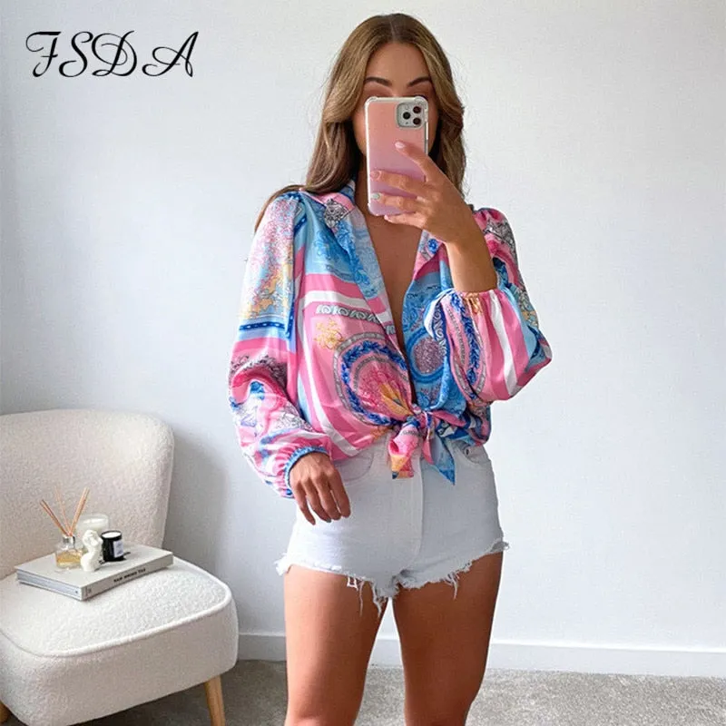 FSDA 2021 Summer Print Blouse Shirts Women Pink Vintage Long Sleeve V Neck Spring Casual Top Shirt Sexy Fashion Loose