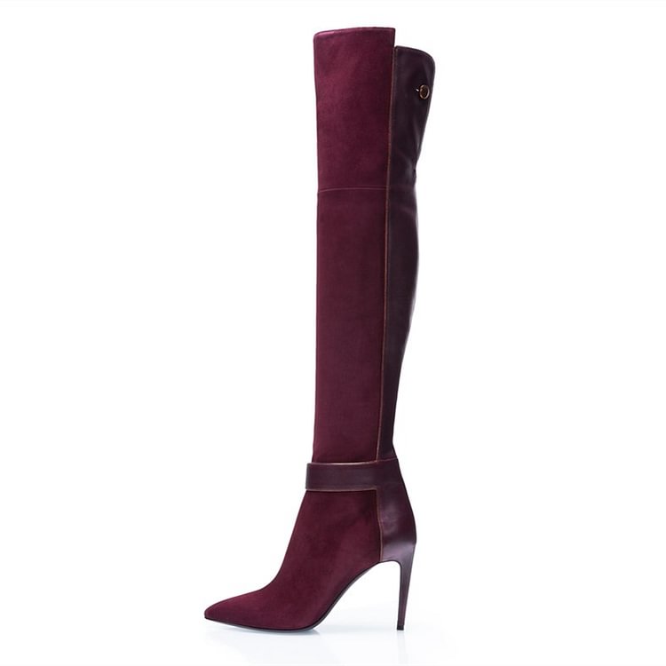 Burgundy Boots Pointy Toe Stiletto Heel Over-the-Knee Boots |FSJ Shoes