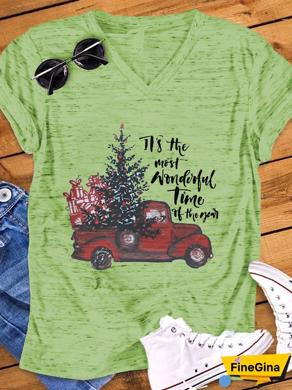 Women's Christmas Truck It's The Most Wonderful Time Of The Year Casual V-Neck Tee