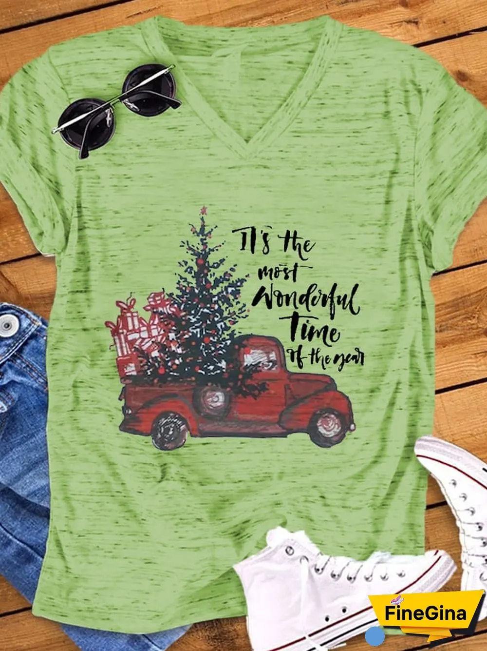 Women's Christmas Truck It's The Most Wonderful Time Of The Year Casual V-Neck Tee
