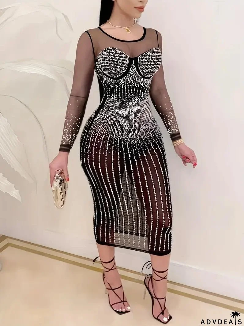 Rhinestone Mesh Long Sleeve Bodycon Dress for Parties