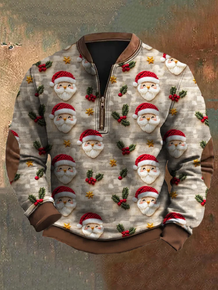 Christmas Santa Faux Embroidery Men's Vintage Zipper Sweatshirt
