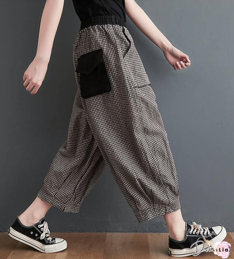 Yellow Pockets Loose Cotton Crop Pants High Waist Summer